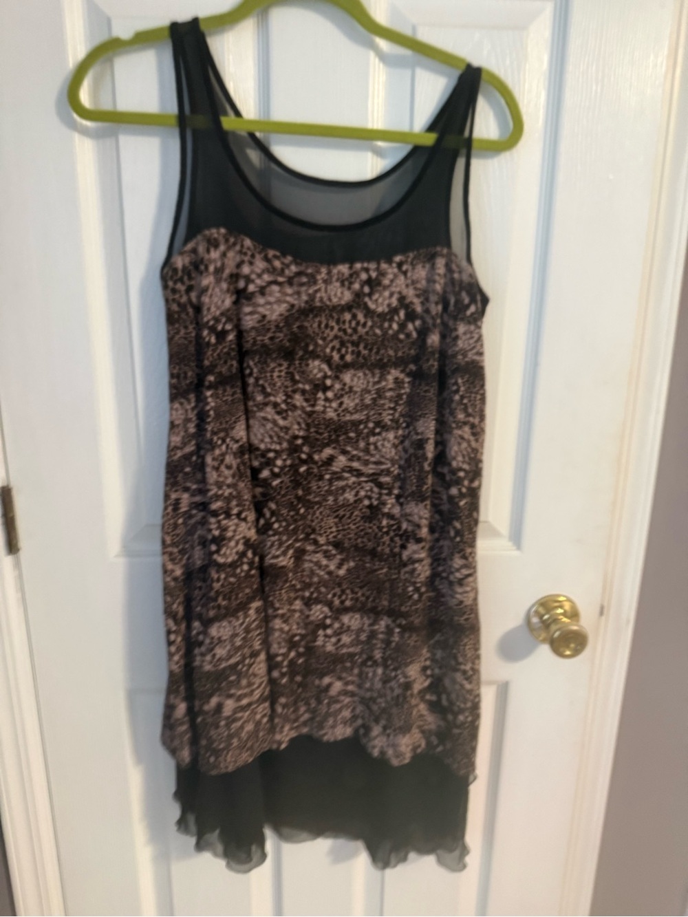 Kenzie size 2 Sleeveless Black Mesh Yoke Printed Chiffon Dress - Black & Taupe